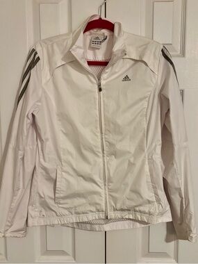 Adidas White Women's Lightweight Climaproof Jacket with Silver Stripes